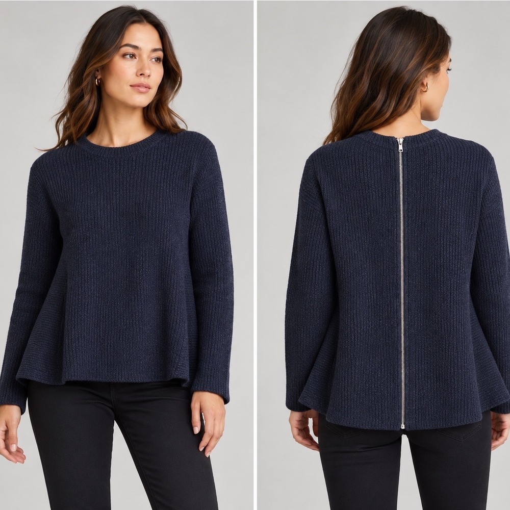 COS Wool Blend Ribbed Back Zip Navy Blue Flared Hem Sweater Women Medium